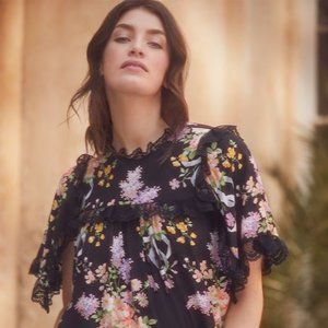 Needle&Thread Floral Diamond Elsa Top (Black Floral Lace Trimmed Grandma Blouse)